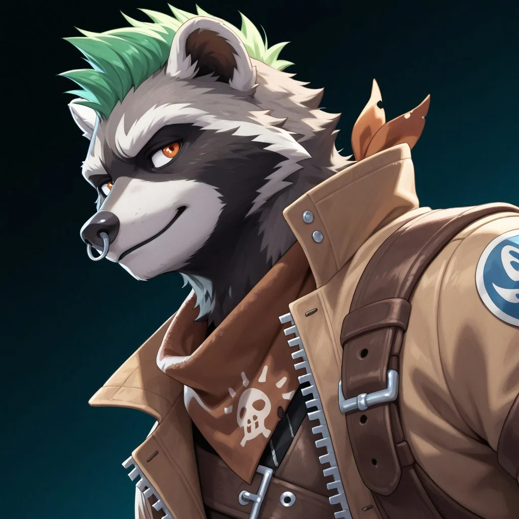 furry, solo anthro, male, Rufus,  raccoon,  black and grey fur, nose piercing, punk alt, green hair, orange eyes, brown neck bandana, light brown jacket,
BREAK (( bust portrait, dutch angle))