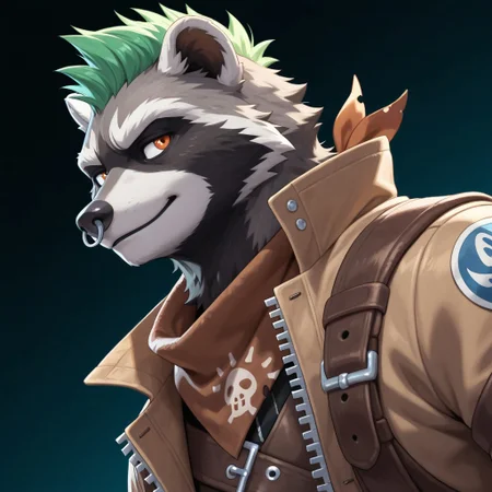furry, solo anthro, male, Rufus,  raccoon,  black and grey fur, nose piercing, punk alt, green hair, orange eyes, brown neck bandana, light brown jacket,
BREAK (( bust portrait, dutch angle))