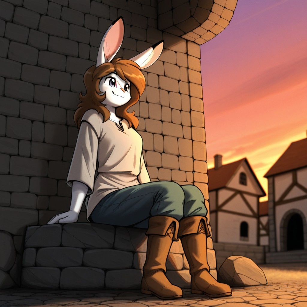 beautiful, best quality, detailed, dynamic lighting, aleanora, rabbit, furry, female, brown hair, facial scar, sitting on stone wall, medieval town, dusk, smile, boots, shirt, pants