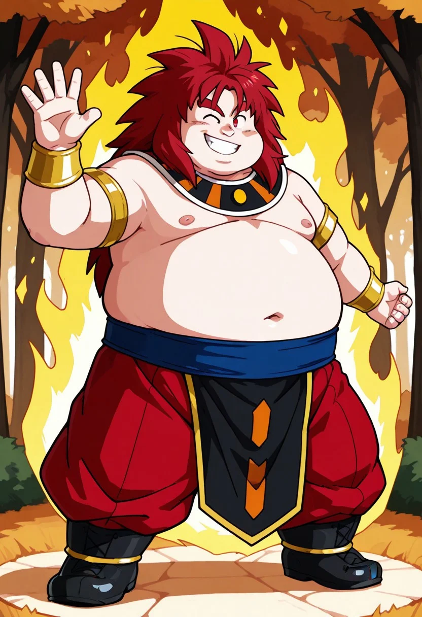 BREAK male, solo, 1male, 1boy,
BREAK standing, dynamic pose, Expressive, smile, confident,forest river background, wind_lift, open legs,
BREAK yajirobe, chubby, masculine, large pectorals, moobs, male, full body, broad shoulders, round face, showing off chubby body, belly, fat, bara,
BREAK (long red hair), (red eyebrows), (red eyes), eyeshd, anime eyes, anime hair, human,
BREAK Egyptian clothes, orange and black collar, jewellery, red trousers, blue obi, shirtless male, gold armband, gold wristband, black pelvic curtain with orange circles, black boots, gold ankleband,
BREAK one hand raised with energy ball hovering above palm, Red Aura, charging energy,
BREAK masterpiece hi res, best quality, very detailed, highly detailed texture, score_9, score_8_up, score_7_up, score_6_up,
