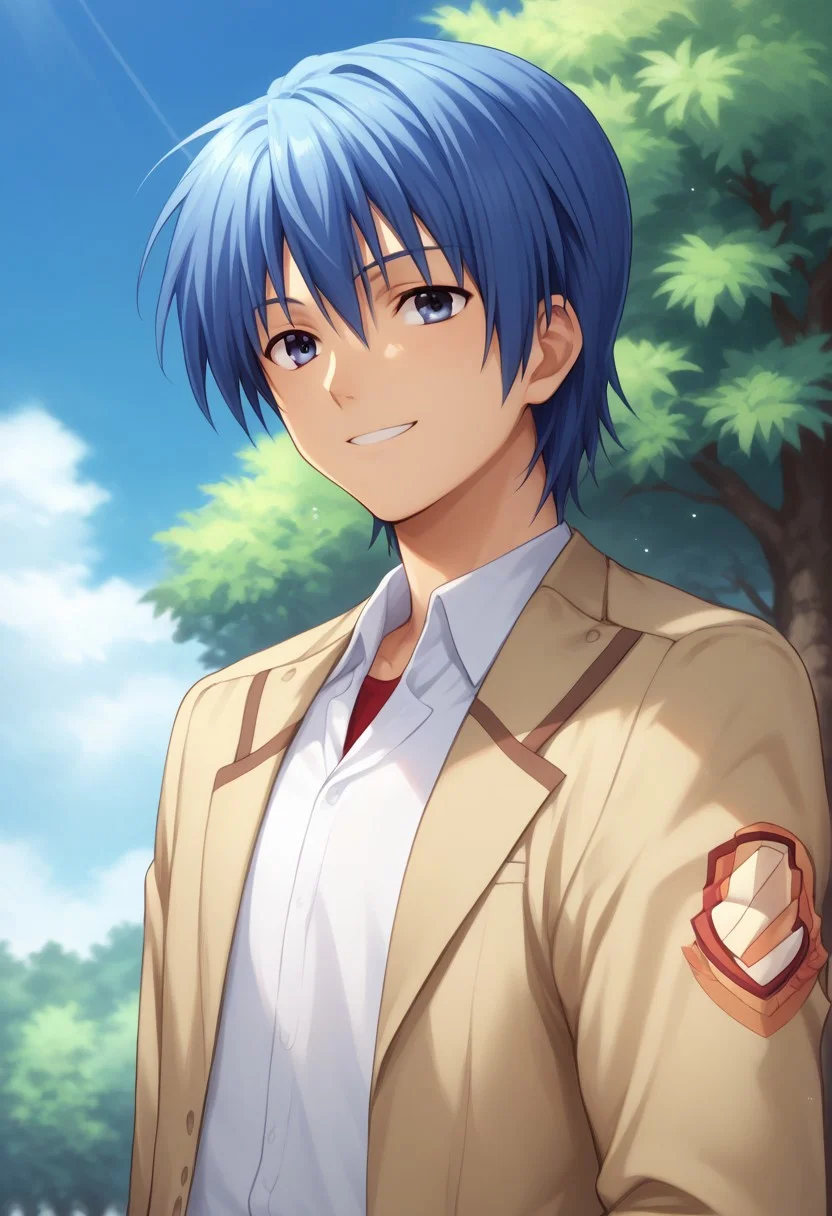score_9, score_8_up, score_7_up, source_anime, highly detailed,
hideki, 1boy, male focus, school uniform, solo, blue hair, blue eyes,
shinda sekai sensen uniform, smile,
outdoor, sky, blue sky, tree