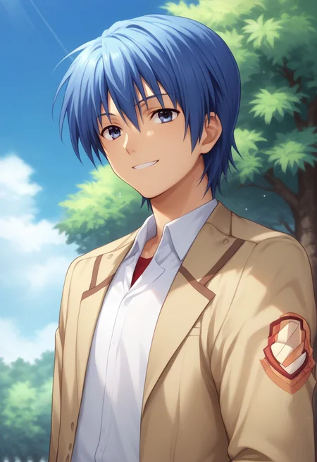 score_9, score_8_up, score_7_up, source_anime, highly detailed,
hideki, 1boy, male focus, school uniform, solo, blue hair, blue eyes,
shinda sekai sensen uniform, smile,
outdoor, sky, blue sky, tree
