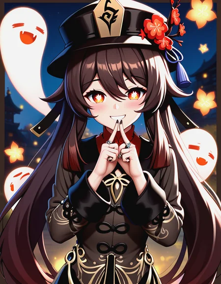 1girl,hu_tao_genshin,border,brown_coat,brown_eyes,brown_hair,brown_hat,closed_mouth,coat,finger_to_mouth,flower,flower-shaped_pupils,ghost,hair_between_eyes,hat,hat_flower,index_finger_raised,jewelry,long_sleeves,multiple_rings,open_mouth,outside_border,porkpie_hat,ring,simple_background,smile,symbol-shaped_pupils,upper_body,white_border,yellow_background,<lora:hu-tao-genshin-xl:1>,