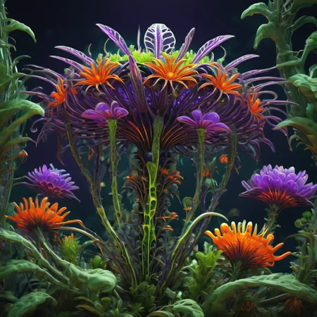 ((best quality)), ((masterpiece)), ((realistic,digital art)), (hyper detailed),DonMG414XL Colossal Colorful Decumbent Obovate plant,   RoyalPurple Compound Umbel Calyx flower, Papilionaceous,    , octane rendering, raytracing, volumetric lighting, Backlit,Rim Lighting, 8K, HDR,   <lora:DonMG414XL-000015:1>