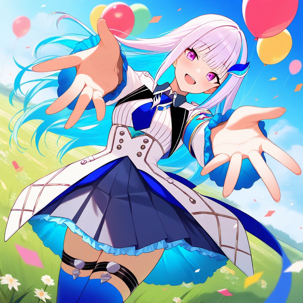 1girl, LizeHelestaNijisanji, purple eyes, long hair, white jacket, frilled sleeves, armband, safety pin, blue necktie, collared shirt, frilled skirt, thigh strap, blue thighhighs, lace-up boots, outstretched arms, reaching towards viewer, dutch angle, smile, happy, eye focus, (grassland), floating hair, confetti, falling petals, wind, flower, balloon, masterpiece, highres, hi res, high score, great score, absurdres, no blur, perfect anatomy, perfect composition, best quality, beautiful face, highly detailed faces and eyes, perfect hair, beautiful breasts
