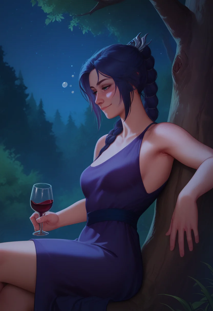 score_9, score_8_up, score_7_up, score_6_up, 1girl, solo, from side, sitting, leaning on tree, wine glass, close up, drunk, half closed eyes, dress,
outdoors, forest, night,
<lora:Krys_Decker_-_Artist_style_Newer__characters:0.8> ss-krd_new, <lora:ShadowHeartXL:0.8> shadowheart, selunite