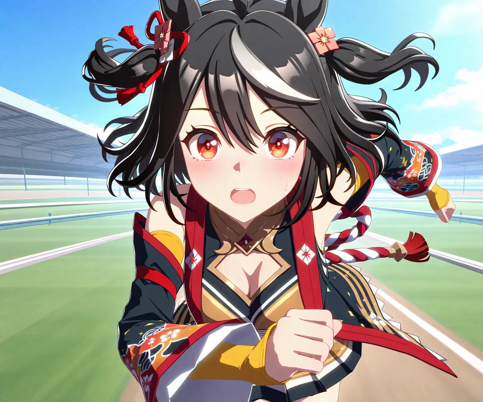 masterpiece, best quality, amazing quality, , 1girl, solo, umamusume, racetrack, running, <lora:Kitasan Black in game style 3D:1> ummsmingame, 3d, kitasan black \(umamusume\)