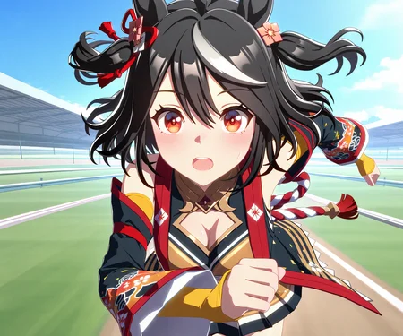 masterpiece, best quality, amazing quality, , 1girl, solo, umamusume, racetrack, running, <lora:Kitasan Black in game style 3D:1> ummsmingame, 3d, kitasan black \(umamusume\)