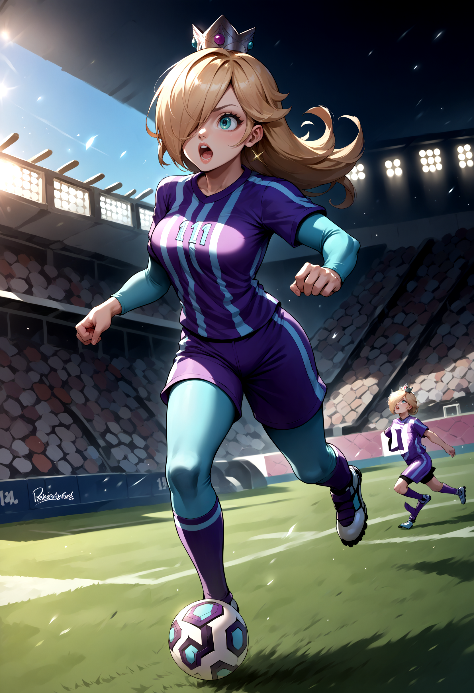 score_9, score_8_up, score_7_up, source_anime, 1girl, RslnStriker, hair over one eye, crown, soccer uniform, purple sportwear, pantyhouse, <lora:Rosalina_XLPD:1>, full body, running, soccer, football field