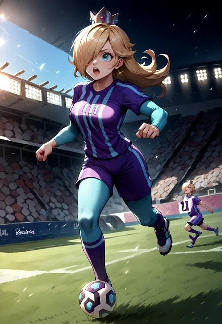 score_9, score_8_up, score_7_up, source_anime, 1girl, RslnStriker, hair over one eye, crown, soccer uniform, purple sportwear, pantyhouse, <lora:Rosalina_XLPD:1>, full body, running, soccer, football field