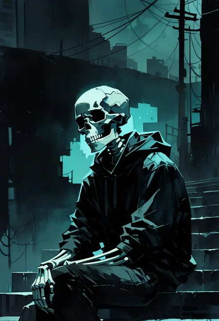 score_9, score_8_up, score_7_up, ((watercolor style)), A gritty, dystopian scene featuring a skeleton wearing a hooded jacket, sitting on a stairway at night. The skeleton has its face partially obscured by red tape, and it's holding a drink in one skeletal hand. The atmosphere is dark and moody, with a streetlight glowing dimly in the background. The color palette consists of muted blues, pinks, and grays, with subtle comic book-style shading and texture, reminiscent of Rob Bowyer's dark, surreal aesthetic mixed with a cyberpunk noir feel. The overall vibe is eerie yet contemplative, emphasizing the haunting loneliness of the urban setting, nvcmsdx