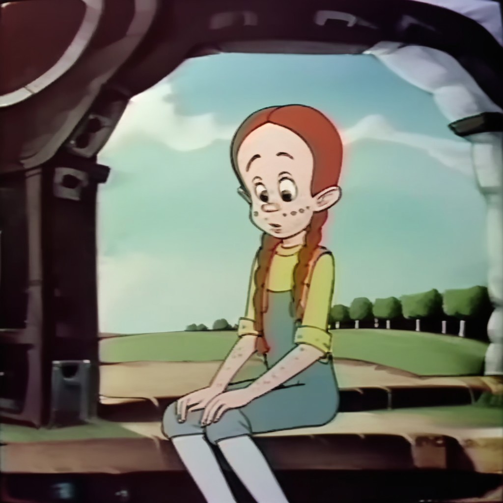 score_9, score_8, score_9, BREAK, vicspade, red hair, freckles twin braids, overalls, outdoor, sitting, farm, sunlight, natural lighting