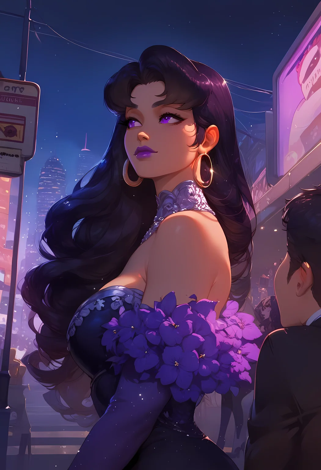 score_9, score_8_up,1woman,hourglass body,Blackfire,wearing a dark dress,golden hoop earrings,elegant mascra,purple lipstick,at a bus stop,at night,city,black hair,purple eyes
