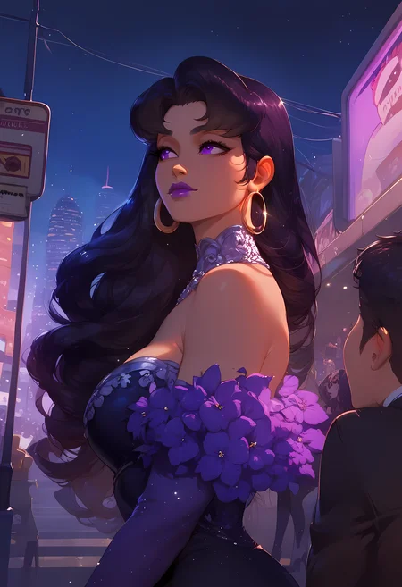 score_9, score_8_up,1woman,hourglass body,Blackfire,wearing a dark dress,golden hoop earrings,elegant mascra,purple lipstick,at a bus stop,at night,city,black hair,purple eyes