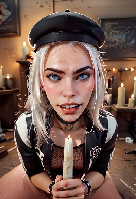 score_9, score_8_up, score_7_up, score_6_up, score_5_up, score_4_up,high details, perfect face,
KaraHitsuPXL, KaraH, 1girl, WHITE hair, WHITE long hair, WHITE bangs, big black dot eyes, buck teeth, teeth, parted, black beret, black choker with large ring, finger rings, leather bracelets with rings, goth war boots, varsity jacket,
cozy room, candles, blue fire, rock and roll, computer, grin, rock and roll sign, face focus, portrait, half-body photo, posing,
fishnet shirt, fishnet_bra, black nails, freckles, blush make-up, black lipstick, small chested, strong complexion, thick shoulders, fit, 
BlackWhiplash Style, D-ART, D-ART Style, 18dart3, 18dart2, 18DART1, !!, ??, X3dCE, 3d, 3dr7, mature female, 3D Render Style, zPDXL3