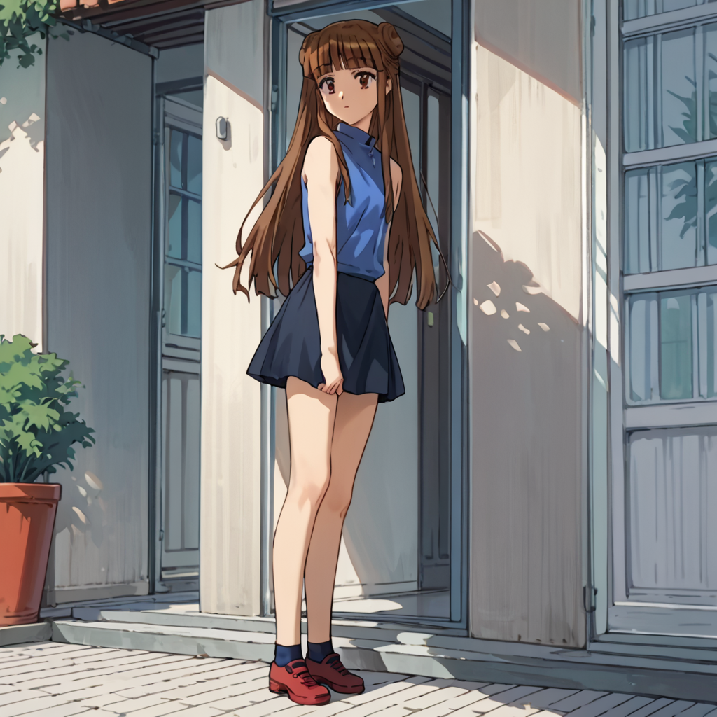 score_9, score_8_up, score_7_up, score_6_up, outdoors, <lora:Uruka_Sumeragi_ç_ããã_-_Steel_Angel_Kurumi_2_é¼éå¤©ä½¿ããã¿2å¼:1> uruka sumeragi, uruka, 1girl, solo, brown hair, long hair, blunt bangs, side locks, double bun, brown eyes, outfit-E, Blue shirt, sleeveless, red footwear, Black skirt, full body