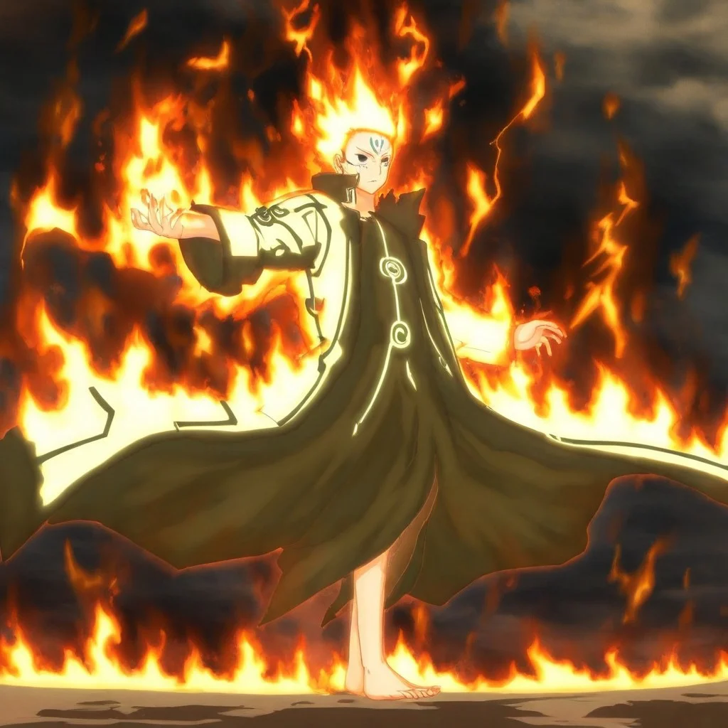 fire, aura, long coat, barefoot, facial mark, electricity, sky, male focus, glowing