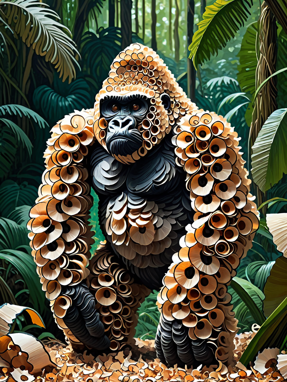 a ais-pencilshavings gorilla, stood in a clearing in the jungle <lora:Pencil_Shavings_Style_SDXL:1>  <lora:EnvyBetterHiresFixXL01:0:hr=1>