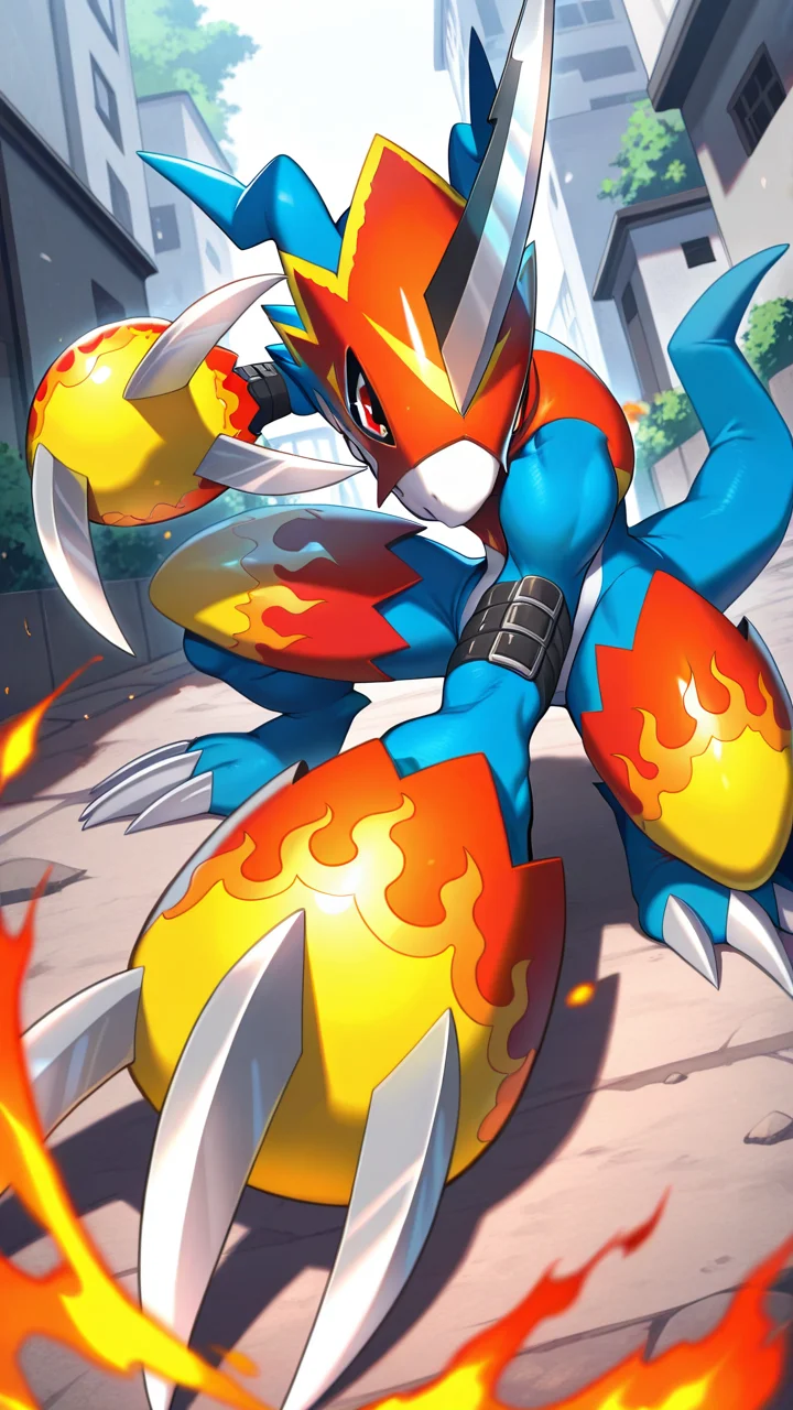 masterpiece,best quality,amazing quality, absurdres, <lora:IlluFlamedramon:0.8> illuflame, digimon (creature), claws, red eyes, tail, no humans, single horn, helmet, solo, 1boy, outdoors, fighting stance, fire, foreshortening,