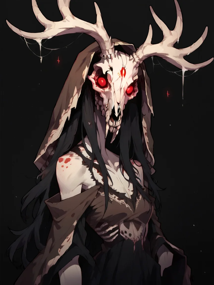 score_9, score_8_up, score_7_up, score_6_up, score_5_up, <lora:wendigoXLP:1> wendigo, 1girl, animal skull, monster, no humans, solo, red eyes, antlers, black background,