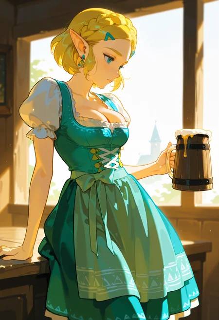1girl, solo, dirndl dress,apron,puffy short sleeves, princess_zelda,beer mug,