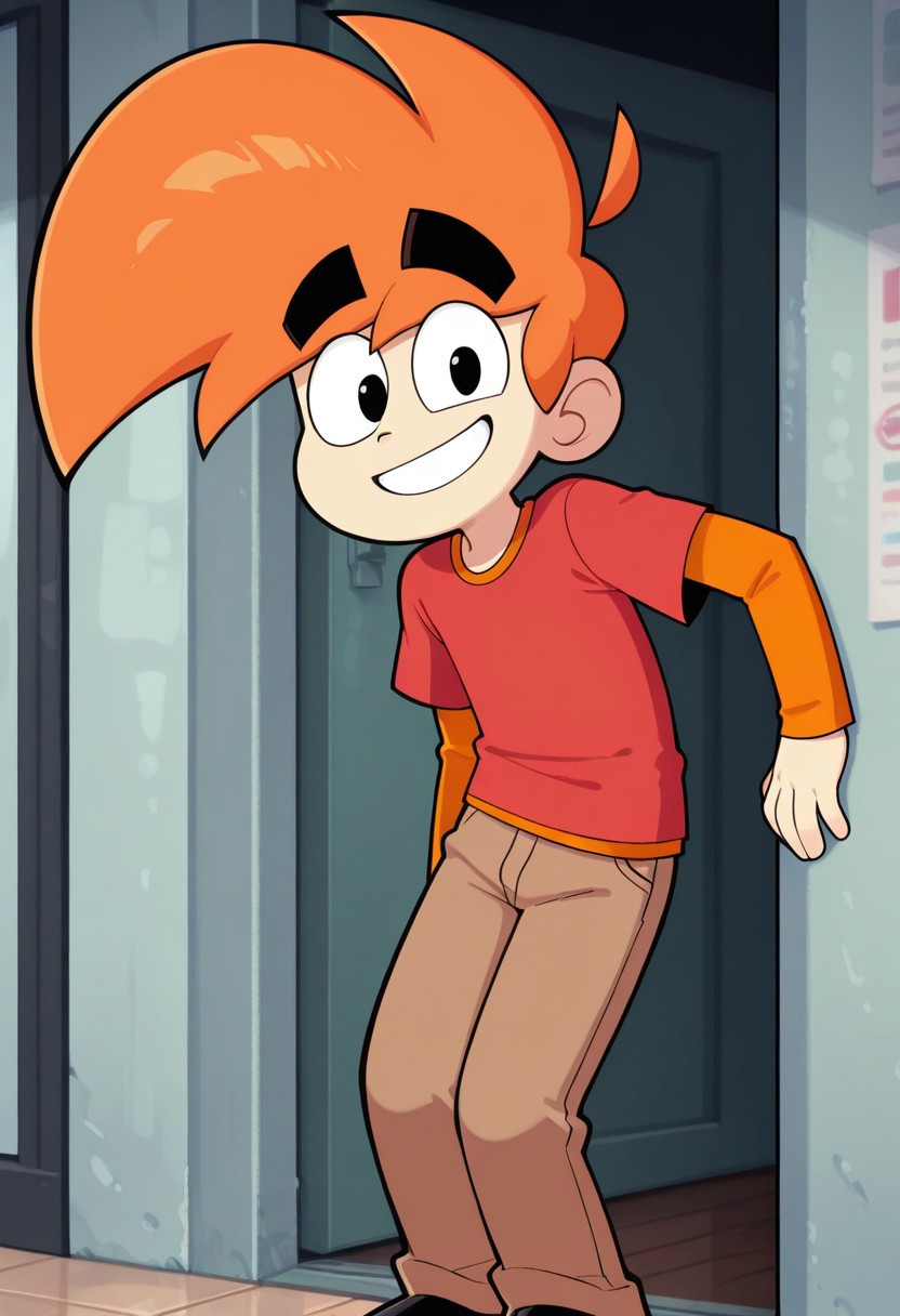 score_9, score_8_up, score_7_up, masterpiece, best quality, amazing quality, LS Mark, 1boy, solo, orange hair, thick eyebrows, black eyes, red shirt, orange shirt, long sleeves, short sleeves, layered sleeves, short over long sleeves, brown pants, black shoes, looking at viewer, smile, upper body