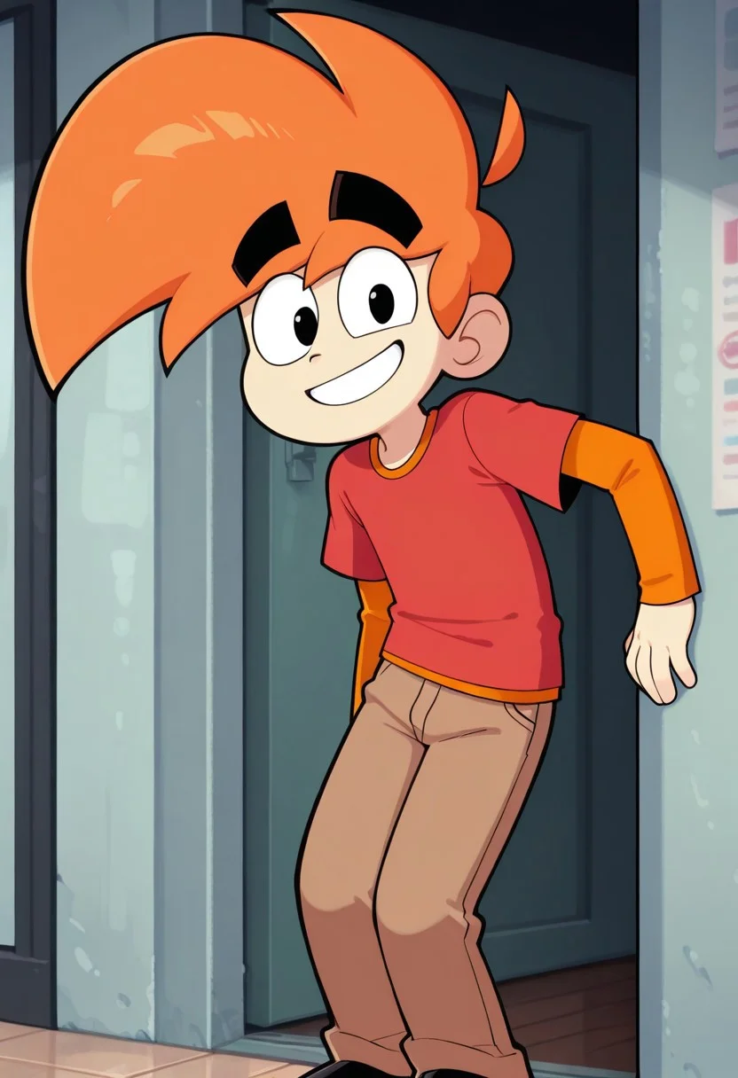 score_9, score_8_up, score_7_up, masterpiece, best quality, amazing quality, LS Mark, 1boy, solo, orange hair, thick eyebrows, black eyes, red shirt, orange shirt, long sleeves, short sleeves, layered sleeves, short over long sleeves, brown pants, black shoes, looking at viewer, smile, upper body