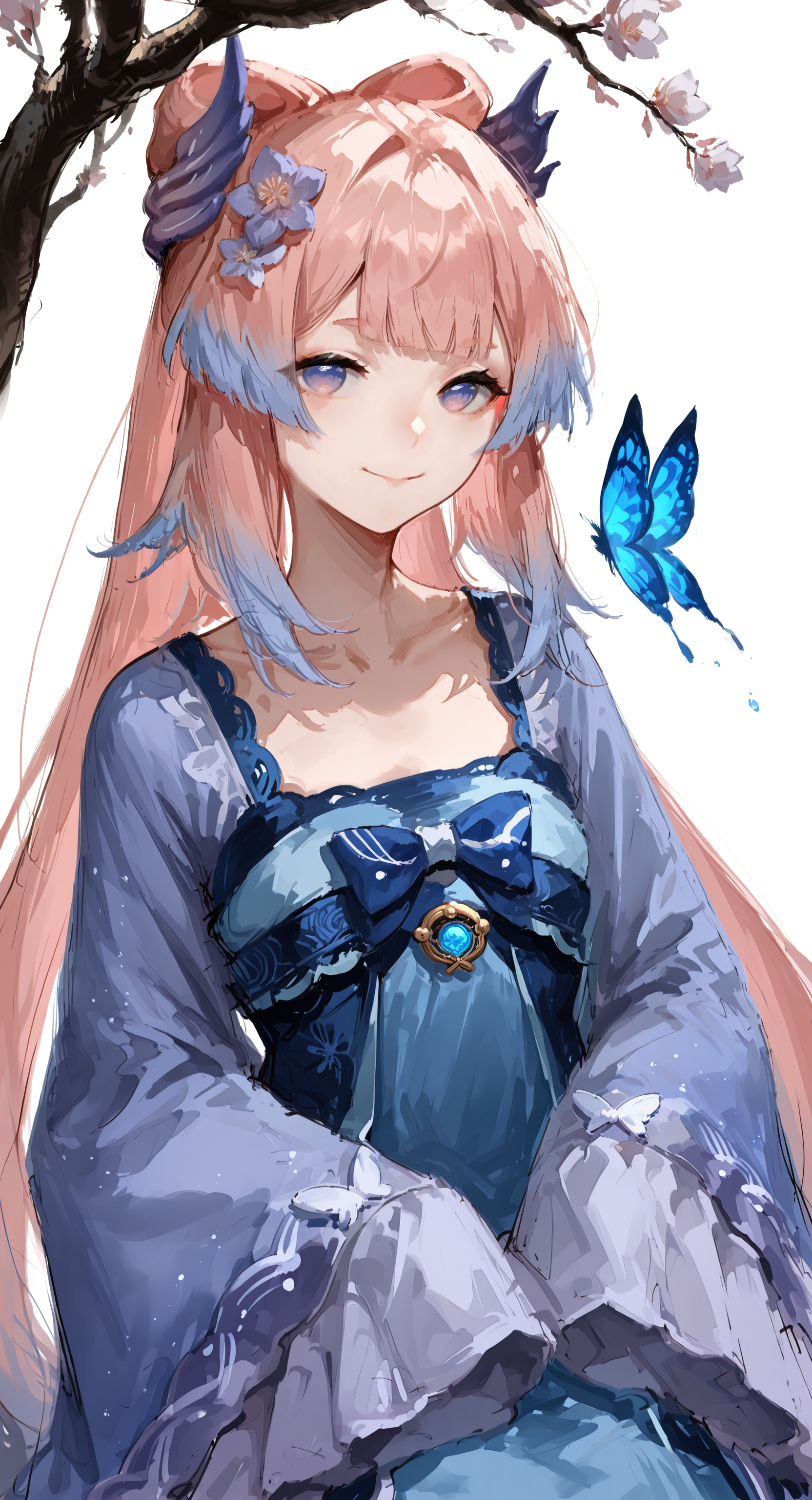 masterpiece, best quality, good quality, very awa, newest, highres, absurdres,  sangonomiya kokomi, 1girl, solo, long hair, smile, simple background, long sleeves, hair ornament, white background, dress, closed mouth, very long hair, blue hair, purple eyes, collarbone, pink hair, flower, multicolored hair, sidelocks, alternate costume, blunt bangs, hair flower, wide sleeves, two-tone hair, sleeves past wrists, gradient hair, blue dress, chinese clothes, bug, gem, butterfly, sleeves past fingers, branch, vision \(genshin impact\), colored tips, blue butterfly, bow-shaped hair, hanfu,
looking at viewer, Ethereal Brushstroke,
pikus0n_style,sketch, <lora:illustriousXL_stabilizer_v1.23:0.3> <lora:NOOB_vp1_detailer_by_volnovik_v1:0.3> <lora:ponyv6_noobE11_2_adamW-000017:0.45> <lora:Illustrious:0.15> <lora:solaXL_NBVP1_lokr_V6311P:0.7> <lora:pikus0n_illu:0.85>