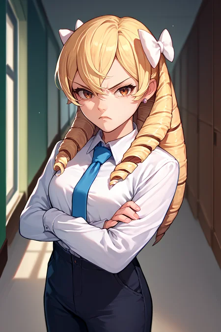 score_9, score_8_up, score_7_up, score_6_up, source_anime, 1girl, solo,  <lora:femaribelle-pdxl-nvwls-v1-000005:1> maribelle, blonde hair, long hair, drill hair, hair bow, earrings, dress shirt, collared shirt, blue necktie, black pants, looking at you, crossed arms, annoyed, hallway
