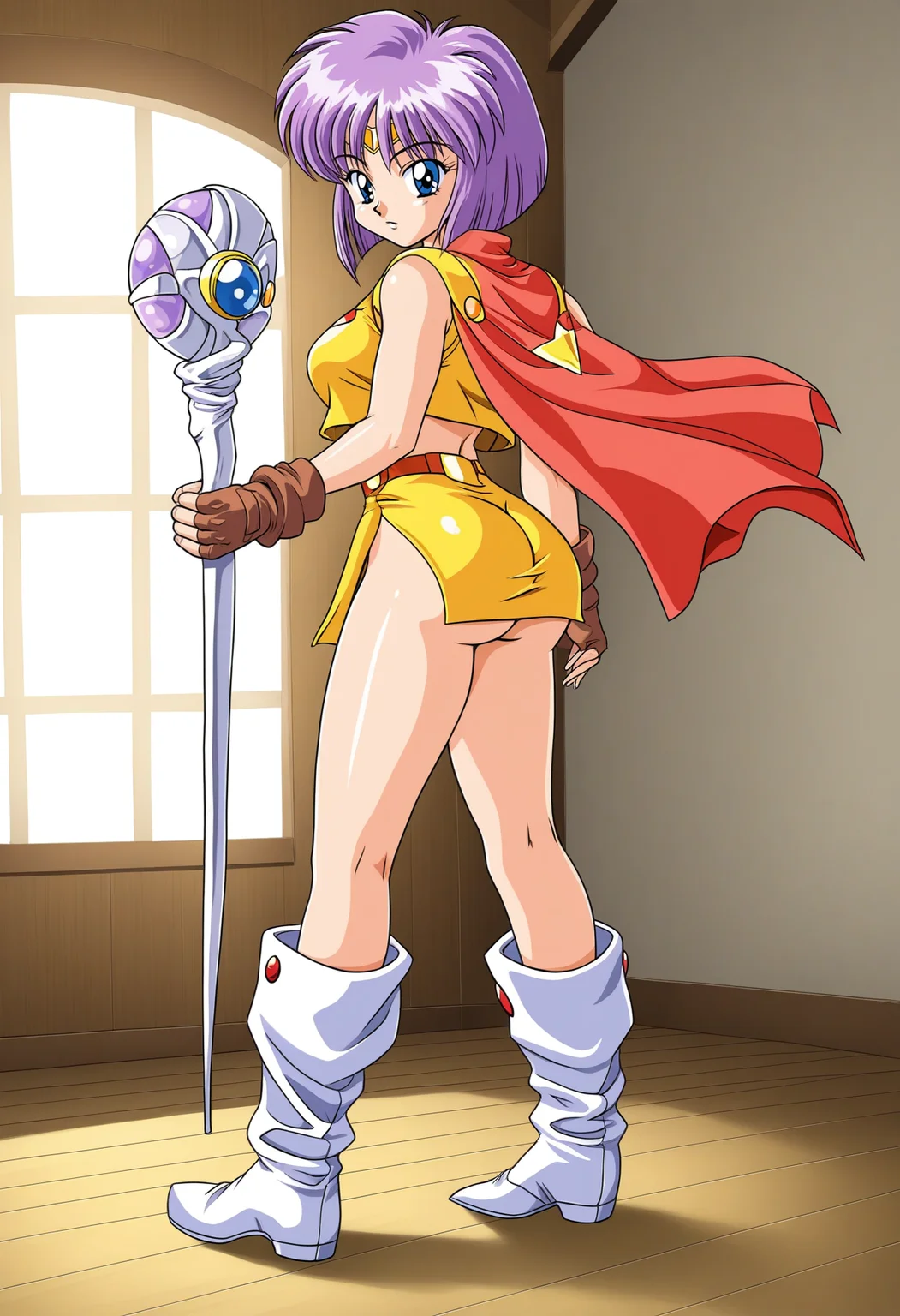 Milfie, <lora:Milfie_pony1.1-000006:0.7>, full body,
short hair, purple hair, blue eyes,
staff, yellow miniskirt, brown fingerless gloves, yellow crop top, side slit, red cape, boots
standing, looking at viewer, pantyshot, butt-turning, ass, from behind, looking back,
retro artstyle, 1990s (style),
BREAK (indoors, bedroom:1.2)
