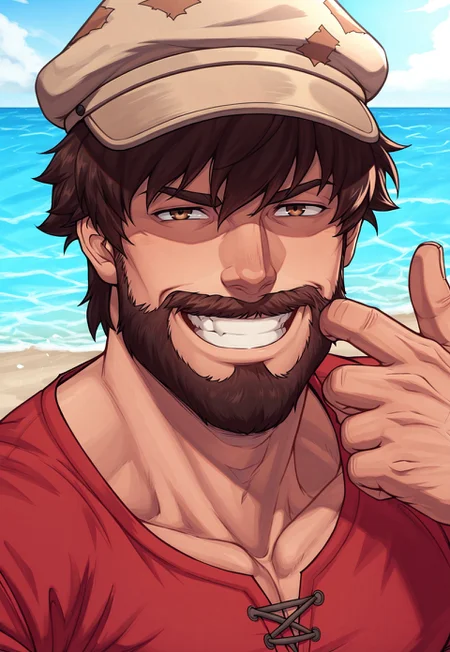 solo, masterpiece, modern, new, 1boy, male, masculine face, daddy looking face, w0lfc0nf

SVWilly, brown hair, beard, hat, red shirt, headshot, looking at viewer, smiling, sea