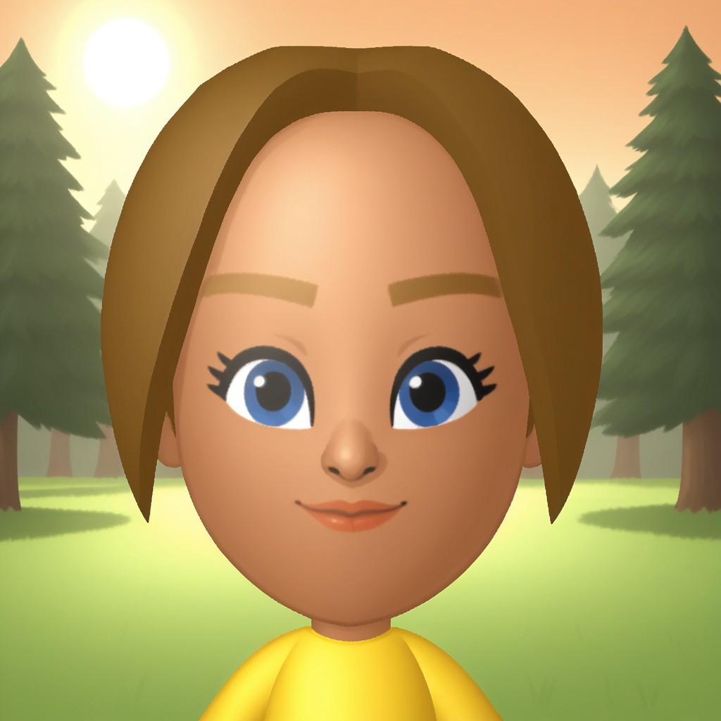 score_9, score_8, BREAK, solo, mii, wii, wii sports, 1girl, female mii, cute, dark blonde hair, ponytail, blue eyes, lips, dark skin, yellow clothing, white pants, flip flops, breasts, Mia_(Wii_Sports), Nintendo Mii, modern_mii, classic_mii, dark blonde eyebrows, sexy pose, smile, outdoors, sunlight, shadows, evening lighting, natural lighting, forest, trees, grass, orange sky, sunset