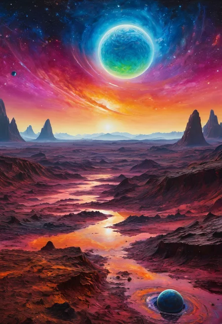 masterpiece, An oil painting of an alien planet, galaxy in background, vibrant colors, best quality, highly detailed