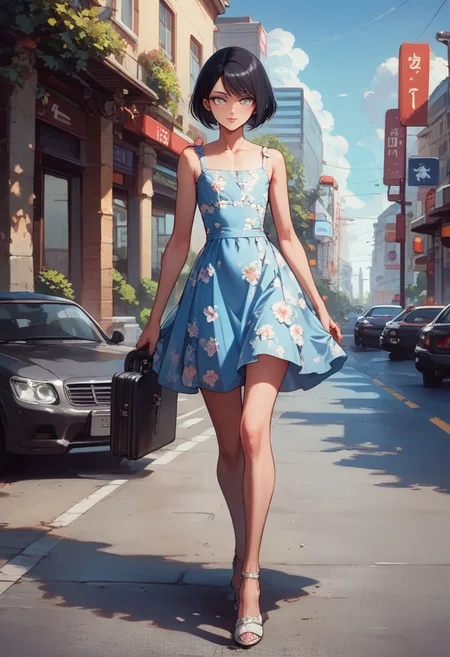 score_9, score_8_up, score_7_up, 1boy, femboy, otoko no ko, short hair, bob cut hair, black hair, grey eyes, gray eyes, feminine face, toned body, Shelly, walking, floral sundress, cute sundress, holding suitcase, high heels, highly detailed, intricate, zzCitronLegacy, outdoors, airport, sliding doors, taxi, Japan