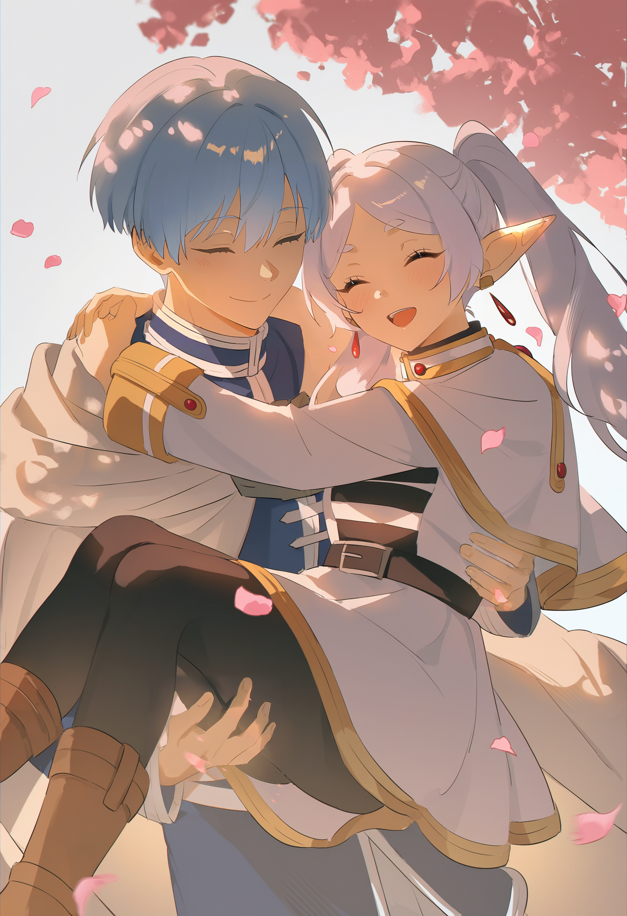 very awa, masterpiece, best quality, newest, absurdres, highres, (close-up:1.3), 1boy, 1girl, glowing, bokeh, bloom, dutch angle, dappled sunlight, sunlight, falling petals, white background, sunset, ((princess carry, carrying person)), pink petals, <lora:artist_cococolacake_vpred_v1-1:1> ,  1girl, (frieren:1.2), black pantyhose, ^_^, closed mouth, smile,  BREAK very awa, masterpiece, best quality, newest, absurdres, highres, (close-up:1.3), 1boy, 1girl, glowing, bokeh, bloom, dutch angle, dappled sunlight, sunlight, falling petals, white background, sunset, ((princess carry, carrying person)), pink petals, <lora:artist_cococolacake_vpred_v1-1:1> ,  1boy, himmel \(sousou no frieren\), princess carry, carrying person, :d, ^_^, open mouth,