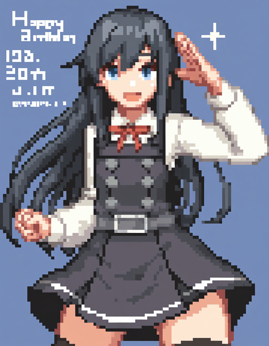 masterpiece,best quality,<lora:dnfpix:0.8>,pixel art,dnf pixel, 1girl, solo, asashio (kancolle), long hair, pinafore dress, black hair, dress, long sleeves, asashio kai ni (kancolle), shirt, white shirt, blue eyes, thighhighs, ribbon, red ribbon, black thighhighs, salute, dated, open mouth, smile, neck ribbon, belt, hair between eyes, twitter username, happy birthday, buttons, cowboy shot, sparkle, black dress, looking at viewer, blue background, school uniform