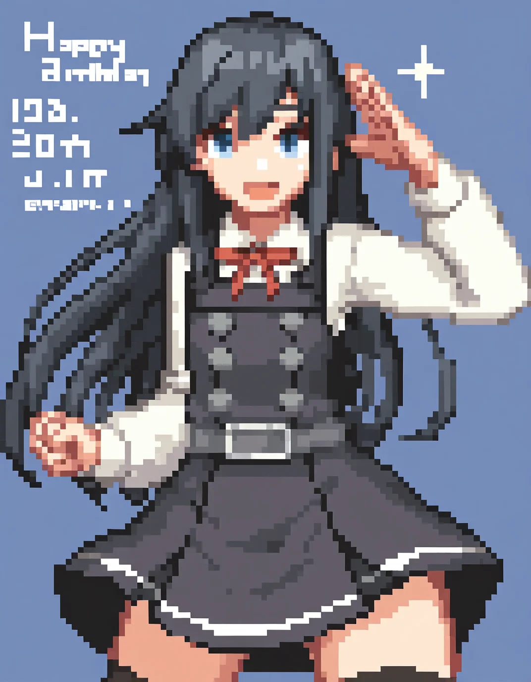 masterpiece,best quality,<lora:dnfpix:0.8>,pixel art,dnf pixel, 1girl, solo, asashio (kancolle), long hair, pinafore dress, black hair, dress, long sleeves, asashio kai ni (kancolle), shirt, white shirt, blue eyes, thighhighs, ribbon, red ribbon, black thighhighs, salute, dated, open mouth, smile, neck ribbon, belt, hair between eyes, twitter username, happy birthday, buttons, cowboy shot, sparkle, black dress, looking at viewer, blue background, school uniform