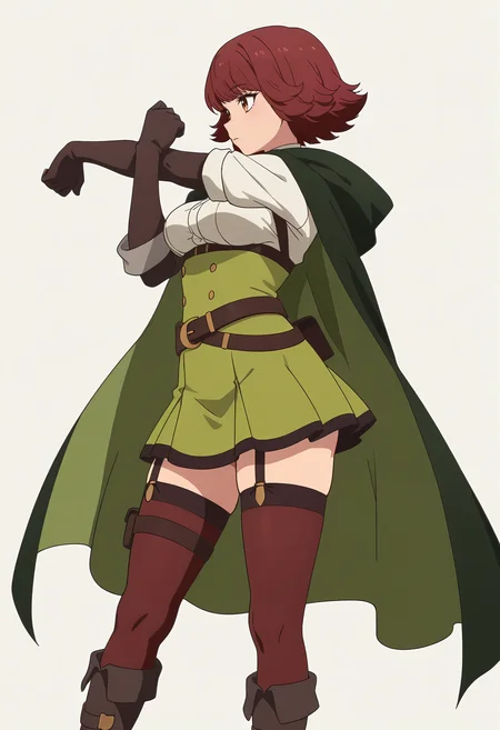 Smooth Quality,masterpiece,very intricate, high quality details, ultra realistic, high detailed skin,detailed enviorement,
white background, simple background, solo,
from side,stretching, one arm raised, other on hip, slight side bend, relaxed body, ,0w0,
<lora:Byleri_Cinabrio:0.8> byleri/cnn, 1girl,short hair, brown hair, brown eyes, red hair, white shirt, green skirt, thighhighs, cloak, cape, belt, elbow gloves, garter straps,boots,