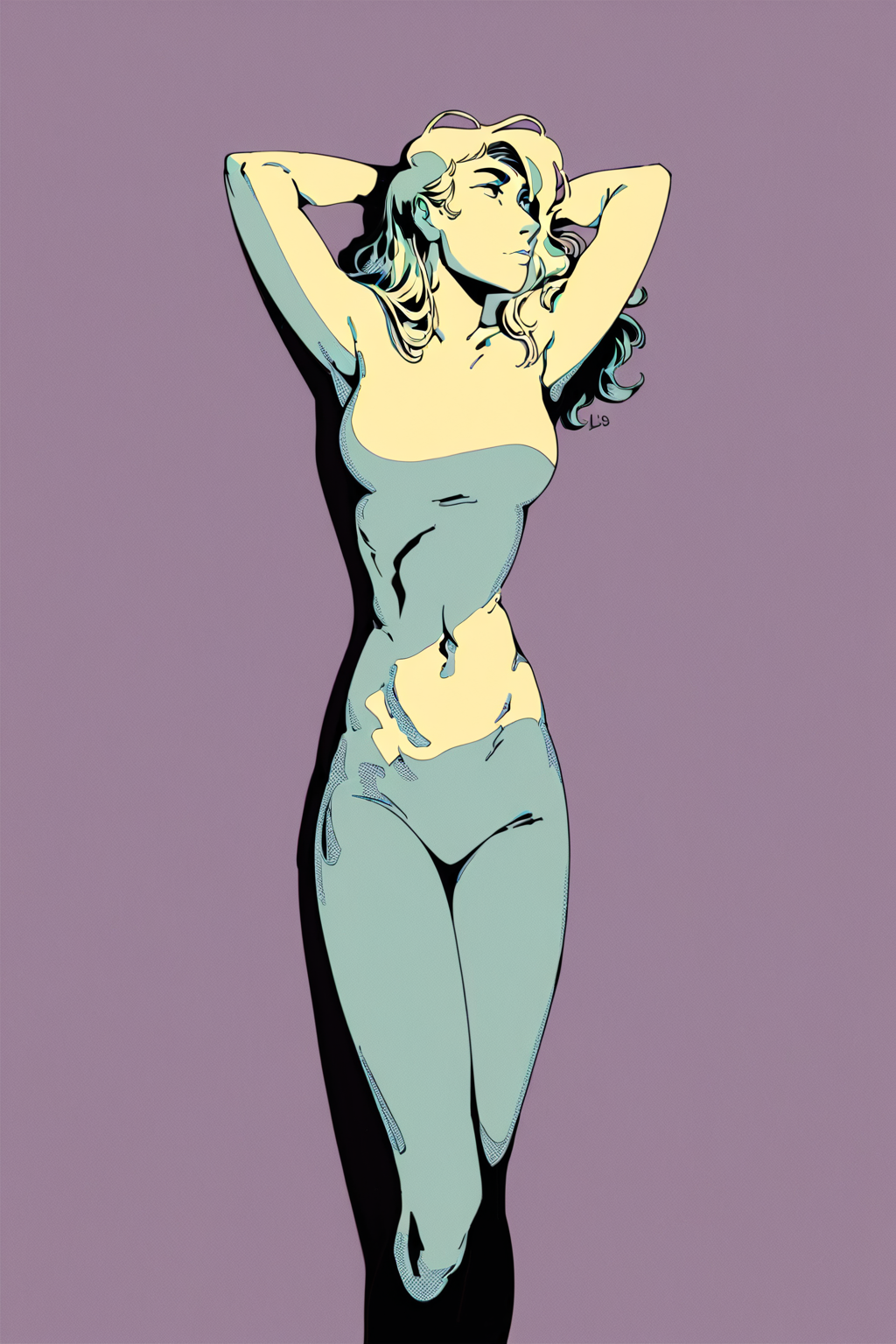 score_9, score_8_up, score_7_up, 1girl, wide shot, solo, solo focus, cowboy shot, detailed background,white theme,high contrast,dark,lavender background,limited palette,wide shot, Hands clasped behind the head, reclining, <lora:choo:1.3>