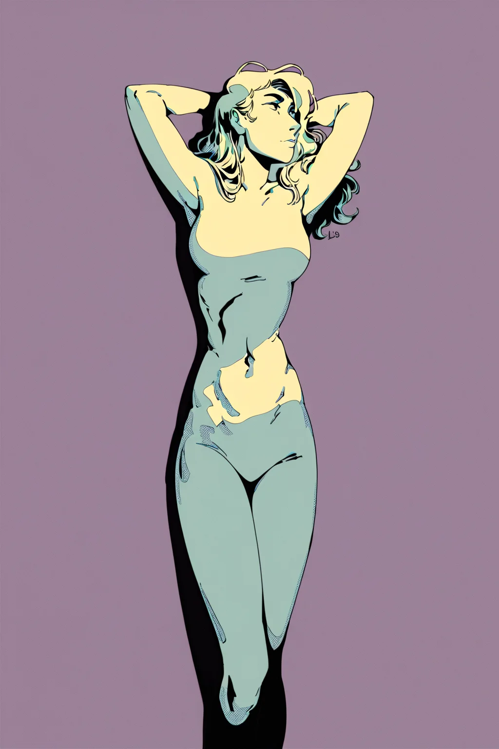 score_9, score_8_up, score_7_up, 1girl, wide shot, solo, solo focus, cowboy shot, detailed background,white theme,high contrast,dark,lavender background,limited palette,wide shot, Hands clasped behind the head, reclining, <lora:choo:1.3>