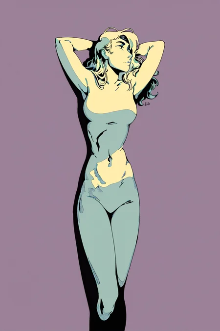 score_9, score_8_up, score_7_up, 1girl, wide shot, solo, solo focus, cowboy shot, detailed background,white theme,high contrast,dark,lavender background,limited palette,wide shot, Hands clasped behind the head, reclining, <lora:choo:1.3>