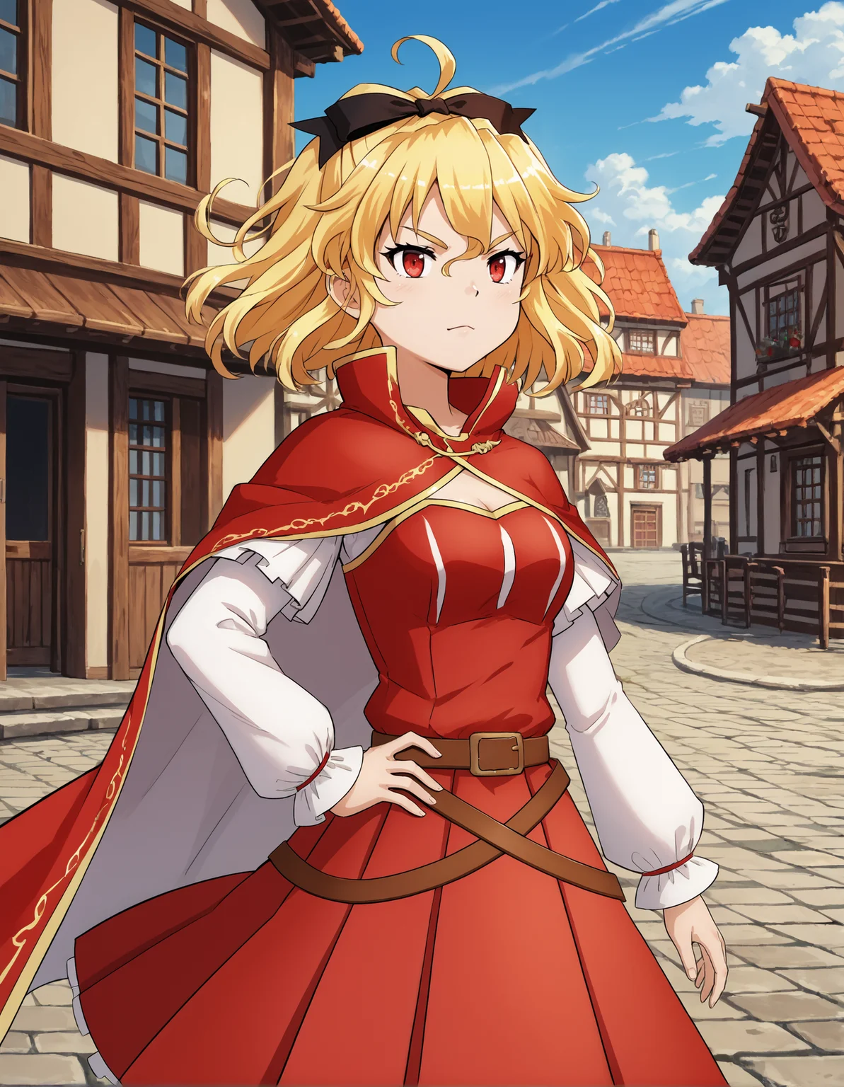 score_9, score_8_up, source_anime, 1girl, upper body, medium shot, detailed, pmmmelisaceljska, elisacsl, blonde hair, ahoge, red eyes, black hair bow, red cloak, red dress, white sleeves, brown belt, long red pleated skirt, hand on hip, wind, outdoors, village, dynamic pose, <lora:pmmmelisaceljska_XL:0.9>