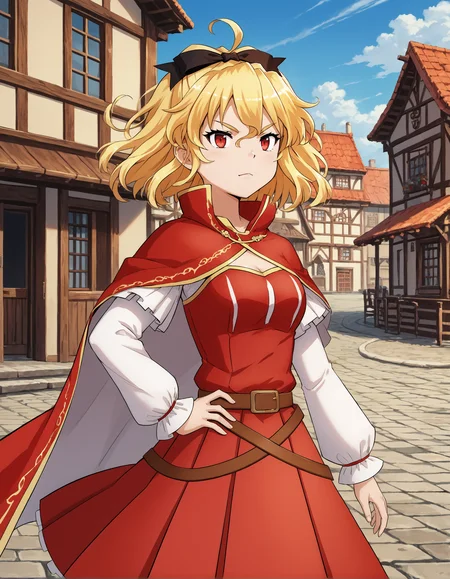 score_9, score_8_up, source_anime, 1girl, upper body, medium shot, detailed, pmmmelisaceljska, elisacsl, blonde hair, ahoge, red eyes, black hair bow, red cloak, red dress, white sleeves, brown belt, long red pleated skirt, hand on hip, wind, outdoors, village, dynamic pose, <lora:pmmmelisaceljska_XL:0.9>