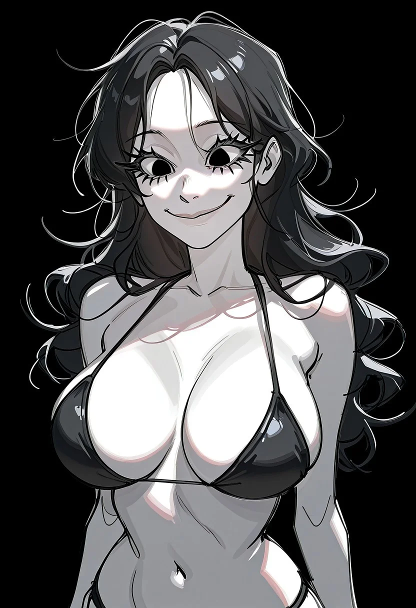 score_9, score_8_up, score_7_up, (sketch) (1girl), (solo), black hair, wavy hair, expressive eyes, long eyelashes, large breasts,
subtle smile,
standing,
wearing black bikini,
(black background),
(black and white image),
(detailed image), soft shadows, detailed sketch,