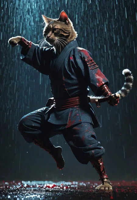 Fight Stance, drunken fist, high kick, a ghst Silhouette of a fluffy feudal armored shinobi cat in the Rain, Blood and water Fluids, proudly amidst a vibrant battlefield. Surround her with dynamic particles of Blood and gore, infront of the chaotic energy of a historical war scene.
very detailed, atmospheric haze, Film grain, cinematic film still, shallow depth of field, highly detailed, high budget, cinemascope, moody, epic, OverallDetail, gorgeous, 2000s vintage RAW photo, photorealistic, candid camera, color graded cinematic, eye catchlights, atmospheric lighting, skin pores, imperfections, natural, shallow dofintricate, elegant, fantasy art, portrait, dark, retro, ecstatic, plain, powerful, realistic, navy blue, dark color