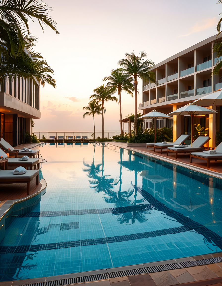 A luxurious hotel swimming pool at sunset, surrounded by elegant lounge chairs and palm trees. The crystal-clear water reflects the warm hues of the sky, creating a serene and inviting atmosphere. The pool has an infinity edge overlooking a breathtaking ocean view, with soft ambient lighting enhancing the tranquil mood. The surrounding area is immaculately maintained, with neatly arranged sunbeds, stylish umbrellas, and a sleek modern poolside bar in the background. The scene is captured in ultra-high resolution, with photorealistic details emphasizing the shimmering water, the textures of the pool tiles, and the gentle movement of palm leaves in the evening breeze.
<lora:SDXLFaeTastic2400:0.4> <lora:extremely_detailed:0.4> extremely detailed, <lora:hotel_sw1mm1ng_p00l:1>,hotel sw1mm1ng p00l, Masterpiece,best quality,hi res,8k,hi res,8k,award winning,(sharp focus, intricate, highly detailed),