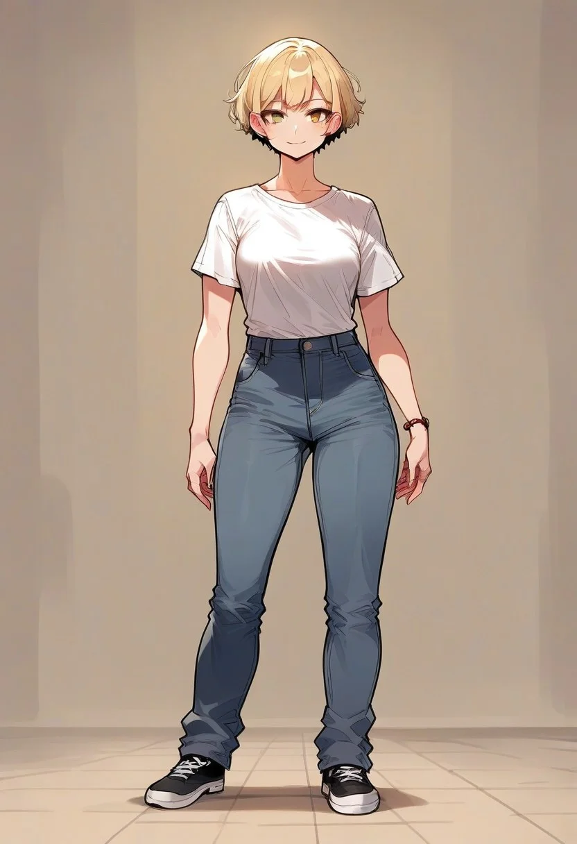 score_8_up, score_7_up,score_6_up, 1girl,facing viewer,facing front,looking at viewer,light yellow hair,standing,(standing still:1),(three-quarter body:1.2),(full body:0.66),short hair,(wind-blown hair:0.665),(grey pants),<lora:Potat-lineart_sketch_v1-USENEG:0.45>,(strong:1),(muscle:0.01),white shirts,bangs,thigh