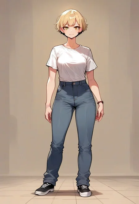 score_8_up, score_7_up,score_6_up, 1girl,facing viewer,facing front,looking at viewer,light yellow hair,standing,(standing still:1),(three-quarter body:1.2),(full body:0.66),short hair,(wind-blown hair:0.665),(grey pants),<lora:Potat-lineart_sketch_v1-USENEG:0.45>,(strong:1),(muscle:0.01),white shirts,bangs,thigh