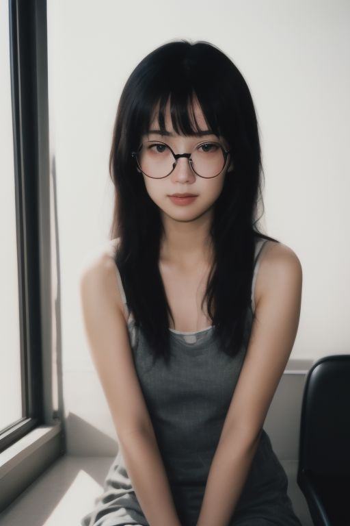 1girl with glasses, realistic, Analog style, 8mm film, chromatic aberration, Dvd screengrab, 80s movie, cinematic lighting, Yumi tsu, Live portrait photography, Contemporary photography, snapshot aesthetic, light black, chinapunk, slender, karencore, high details, realsitic shadow, in motion, realistic, glasses, looking at viewer, green hair, two-toned hair, lips, good hands, best hands, perfecteyes eyes, sitting on desk