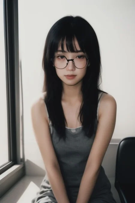 1girl with glasses, realistic, Analog style, 8mm film, chromatic aberration, Dvd screengrab, 80s movie, cinematic lighting, Yumi tsu, Live portrait photography, Contemporary photography, snapshot aesthetic, light black, chinapunk, slender, karencore, high details, realsitic shadow, in motion, realistic, glasses, looking at viewer, green hair, two-toned hair, lips, good hands, best hands, perfecteyes eyes, sitting on desk